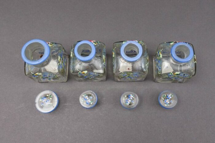 mid 20th century apothecary drug store hand painted flowers glass vanity bottles set of 4 6606