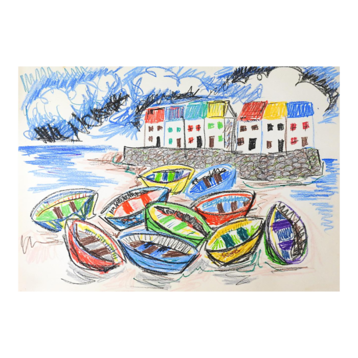 mid 20th century colorful boat harbor drawing 0162