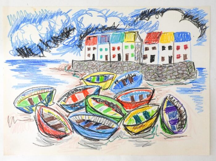 mid 20th century colorful boat harbor drawing 0493