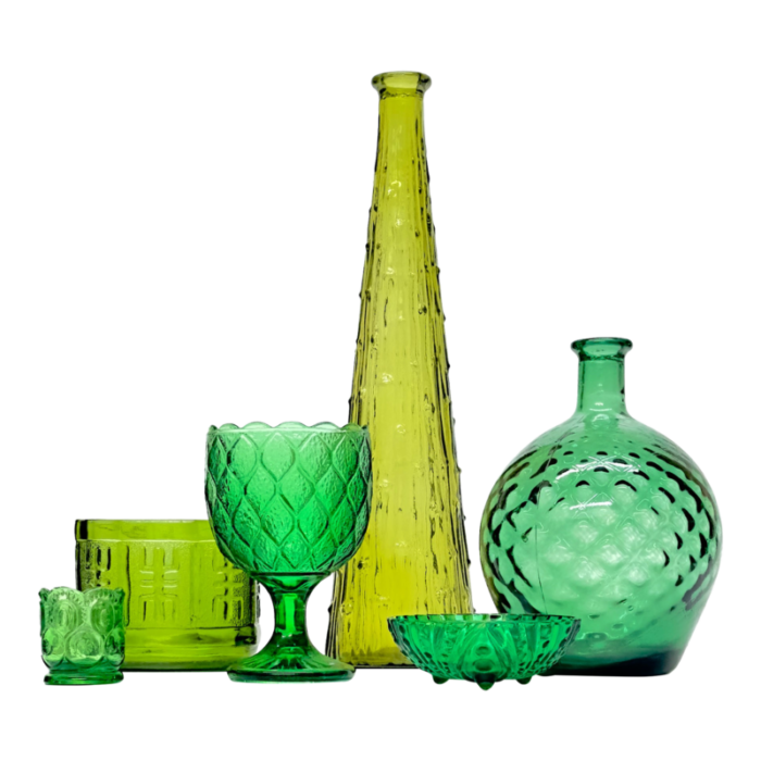 mid 20th century mixed greens textured glass vessel curation set of 6 0832