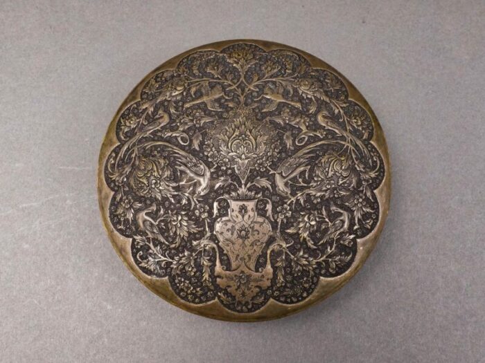 mid 20th century persian islamic middle east silver repousse round trinket box 1371