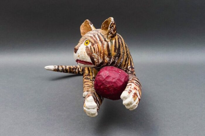 mid 20th century saturnino portuound pucho odio cat with ball wood sculpture 5264