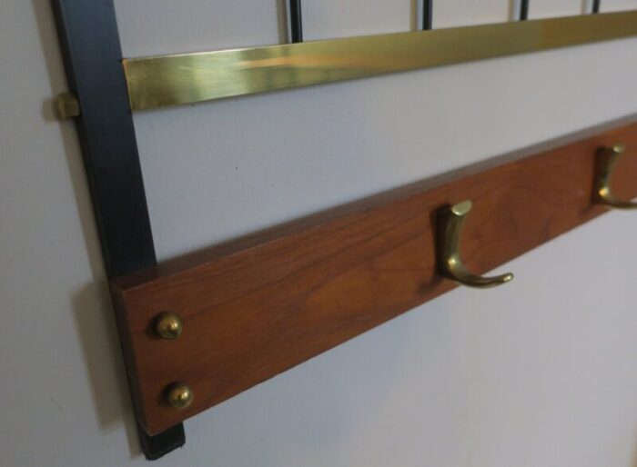 mid century coat and hat rack in brass and teak 1960s 13