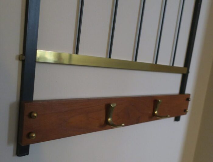 mid century coat and hat rack in brass and teak 1960s 14