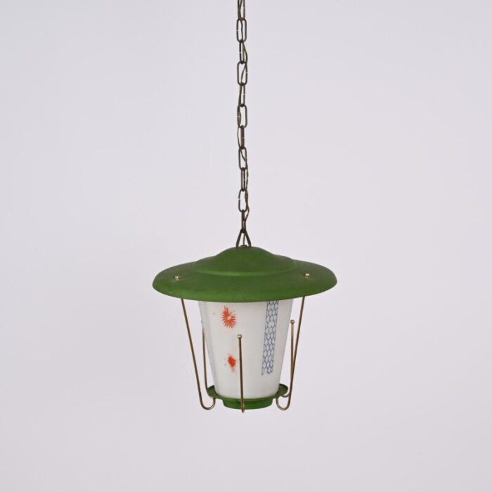 mid century italian round opaline glass and brass green lantern chandelier 1950s 0977