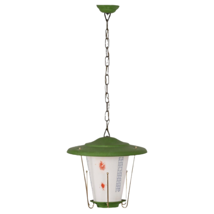 mid century italian round opaline glass and brass green lantern chandelier 1950s 0992