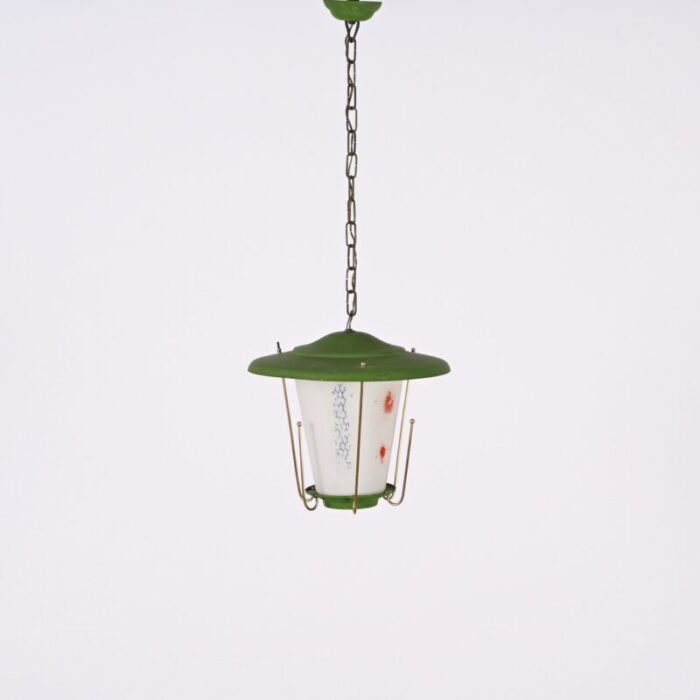 mid century italian round opaline glass and brass green lantern chandelier 1950s 6943