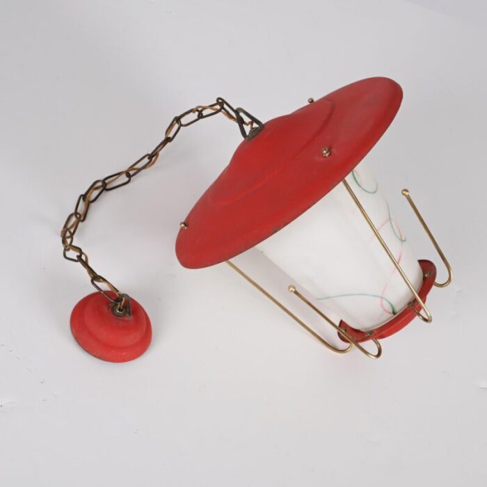 mid century italian round opaline glass and brass red lantern chandelier 1950s 1252