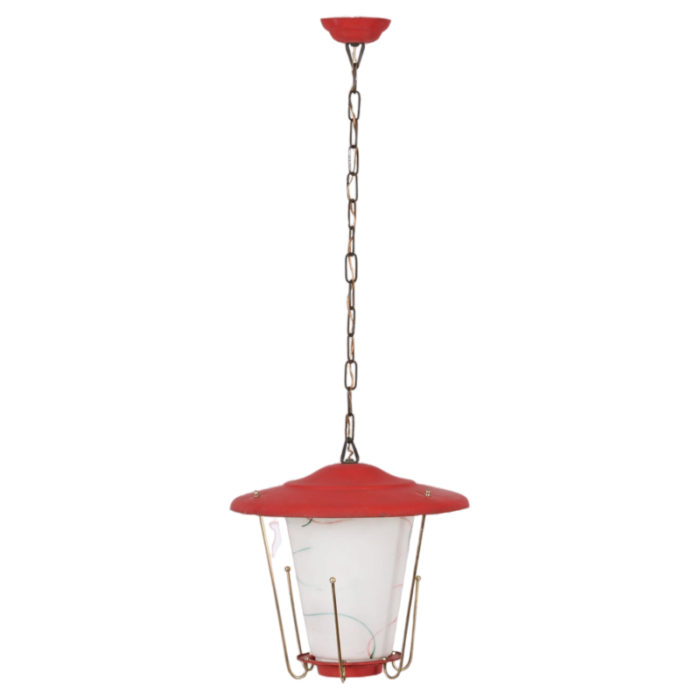 mid century italian round opaline glass and brass red lantern chandelier 1950s 1322