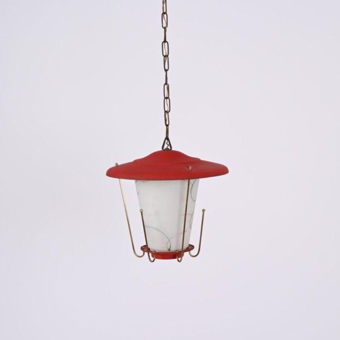 mid century italian round opaline glass and brass red lantern chandelier 1950s 2142