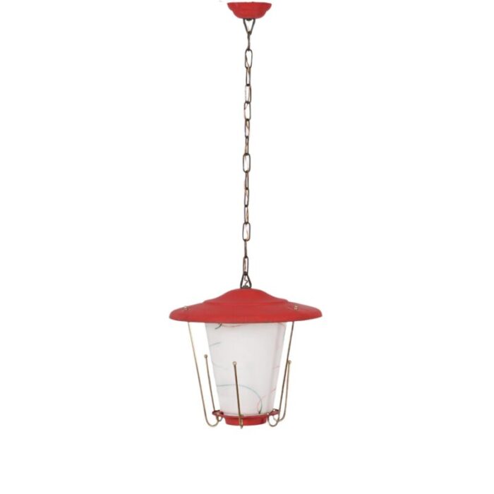 mid century italian round opaline glass and brass red lantern chandelier 1950s 2851