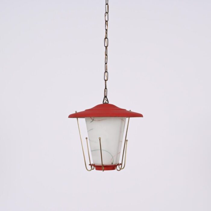 mid century italian round opaline glass and brass red lantern chandelier 1950s 5252