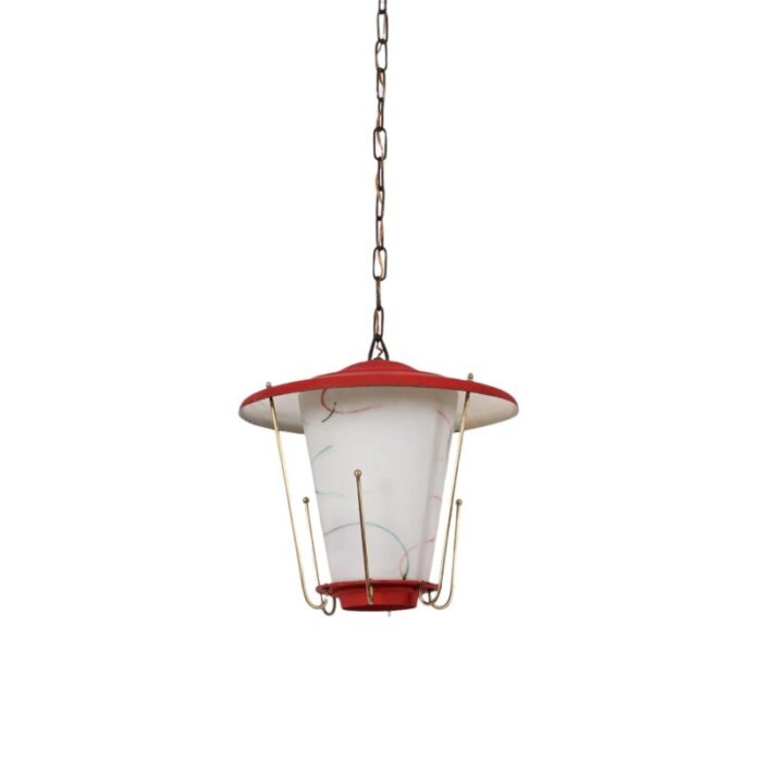 mid century italian round opaline glass and brass red lantern chandelier 1950s 6266