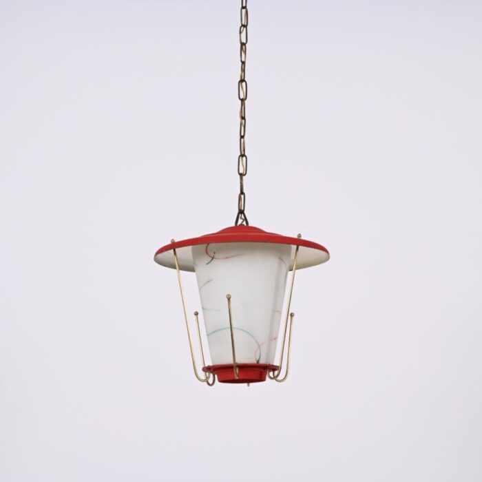 mid century italian round opaline glass and brass red lantern chandelier 1950s 6842