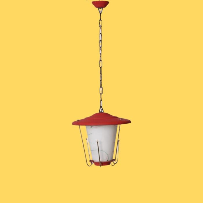 mid century italian round opaline glass and brass red lantern chandelier 1950s 7175