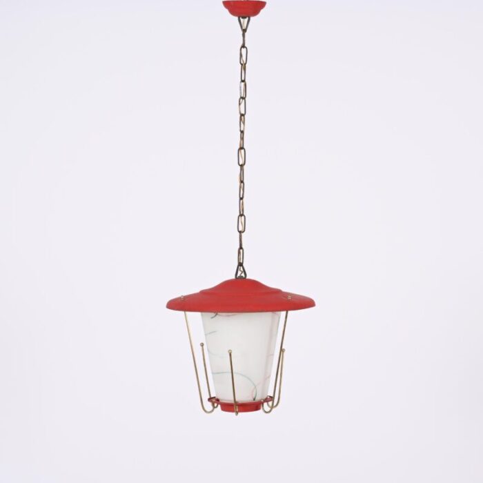 mid century italian round opaline glass and brass red lantern chandelier 1950s 8722