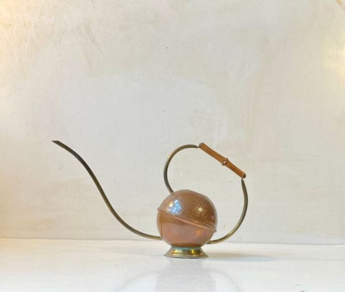 mid century orbit watering can in copper brass and bamboo 1950s 1