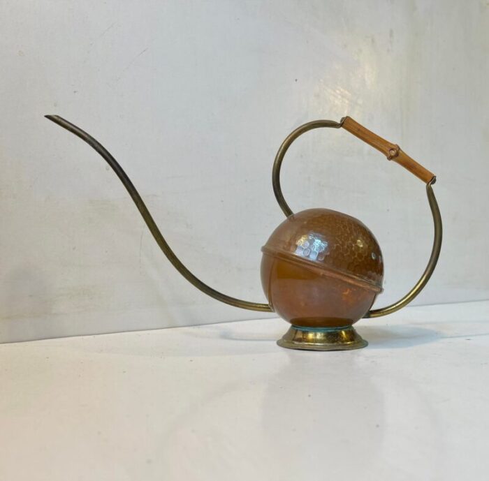 mid century orbit watering can in copper brass and bamboo 1950s 2