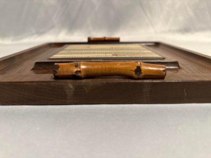 mid century wood serving dish with faux grass cloth and bamboo 6117