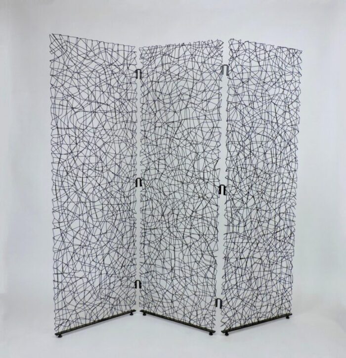 modern vintage abstract metal wire three panel screen or room divider 4651