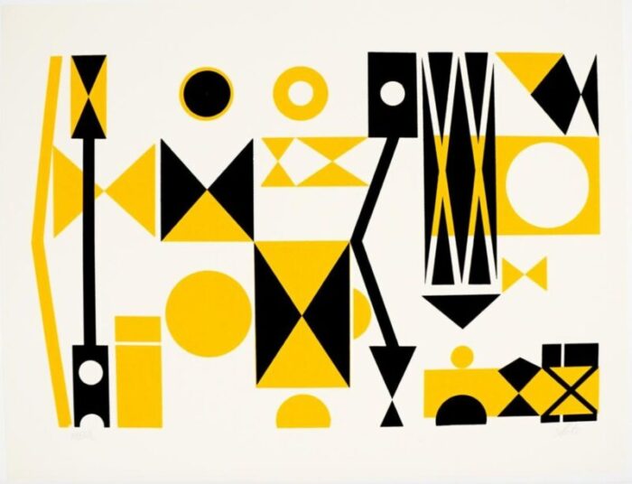 modern yellow and black geometric lithograph by soto 9562