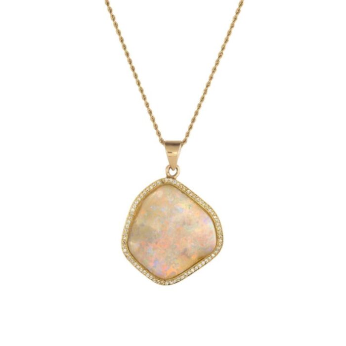 natural opal diamond pendant necklace estate 18k yellow gold freeform jewelry 7495