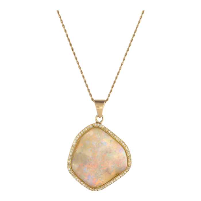 natural opal diamond pendant necklace estate 18k yellow gold freeform jewelry 8857