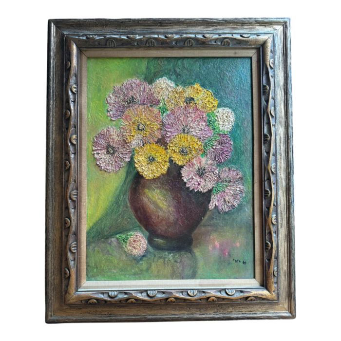 original classic oil painting signed joan 1966 hand carved wood frame 3219