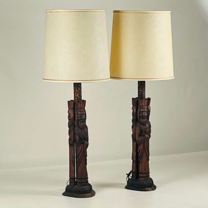 pair of 1960s tall hand carved wood lamps from spain with original shades 2238