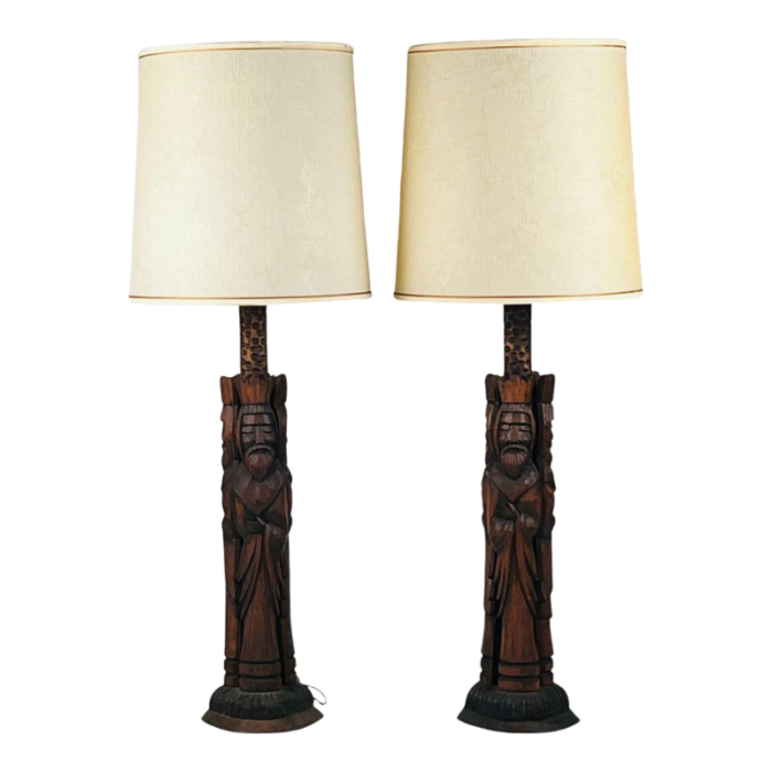 pair of 1960s tall hand carved wood lamps from spain with original shades 2969