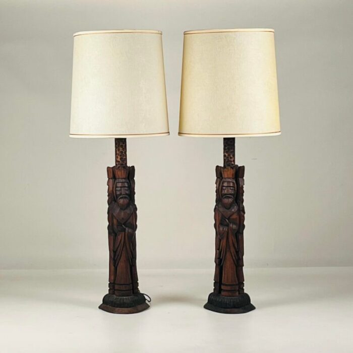 pair of 1960s tall hand carved wood lamps from spain with original shades 3103