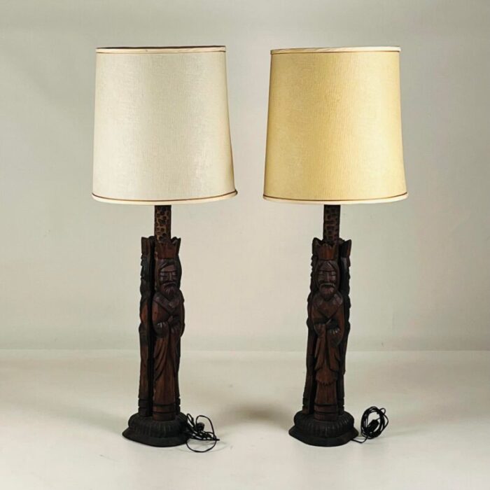 pair of 1960s tall hand carved wood lamps from spain with original shades 6520