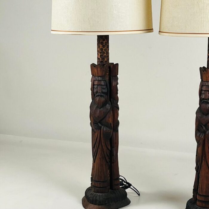 pair of 1960s tall hand carved wood lamps from spain with original shades 7167