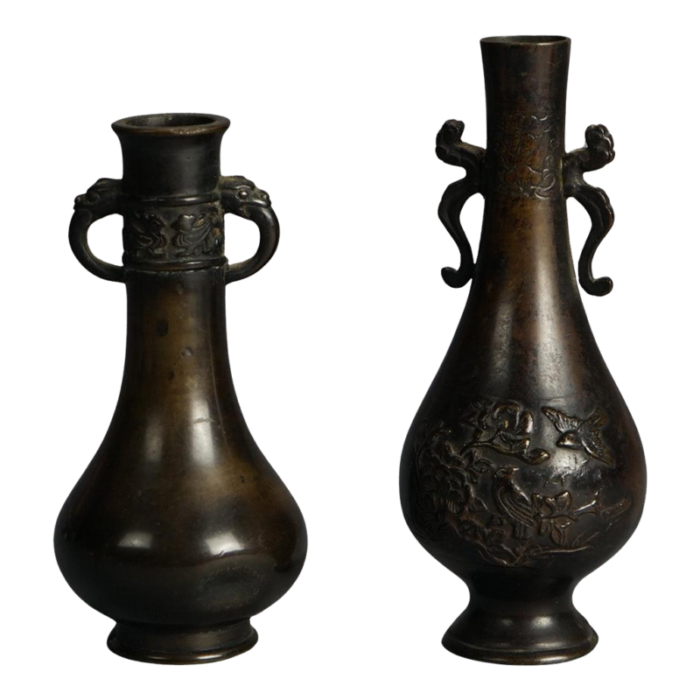 pair of antique japanese meiji double handled cast bronze vases circa 1920 2110