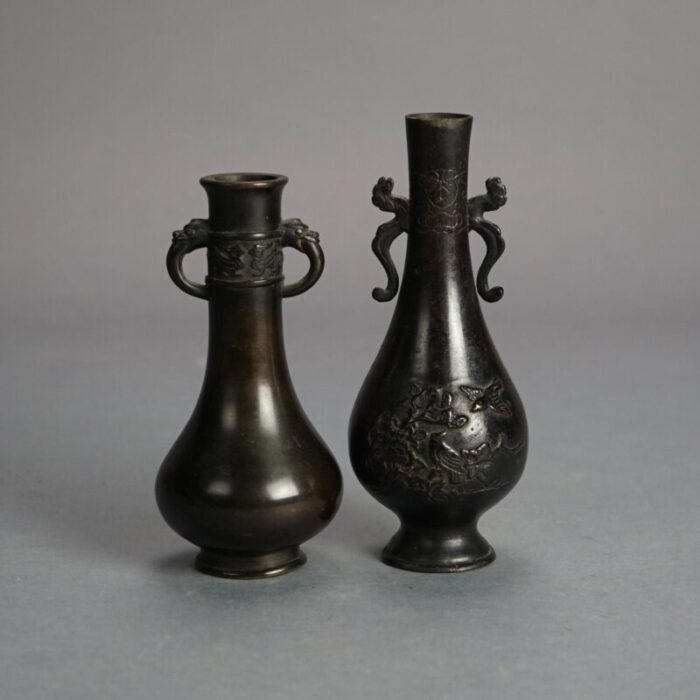 pair of antique japanese meiji double handled cast bronze vases circa 1920 4169