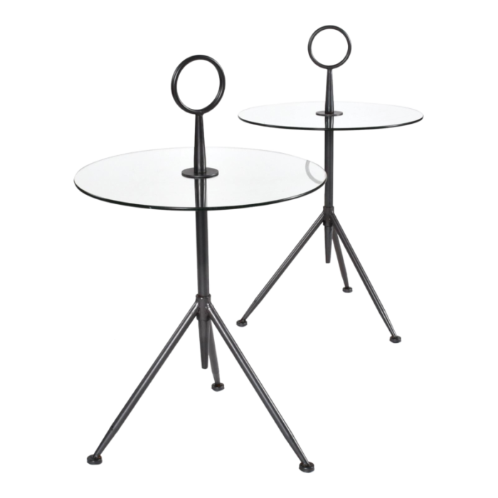 pair of italian modern round glass gueridon side tables with tripod steel bases 0830