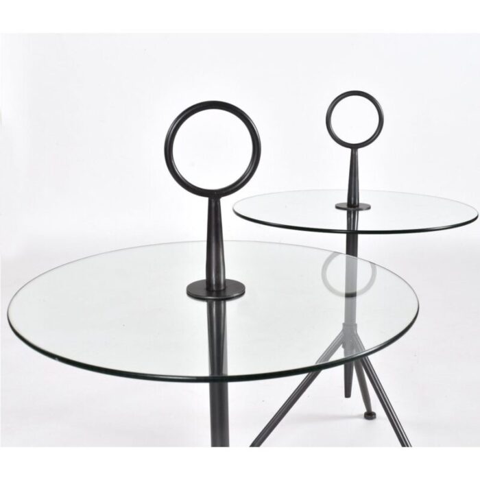 pair of italian modern round glass gueridon side tables with tripod steel bases 3390