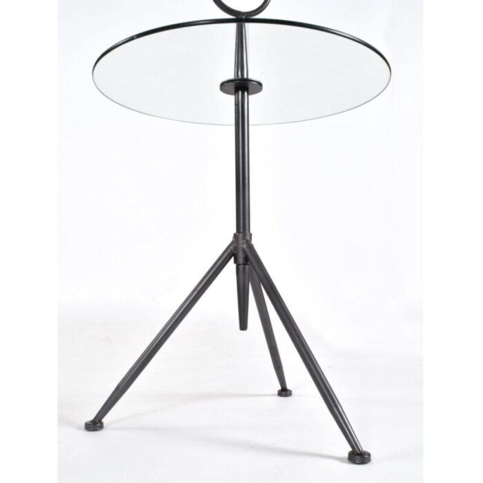 pair of italian modern round glass gueridon side tables with tripod steel bases 3506