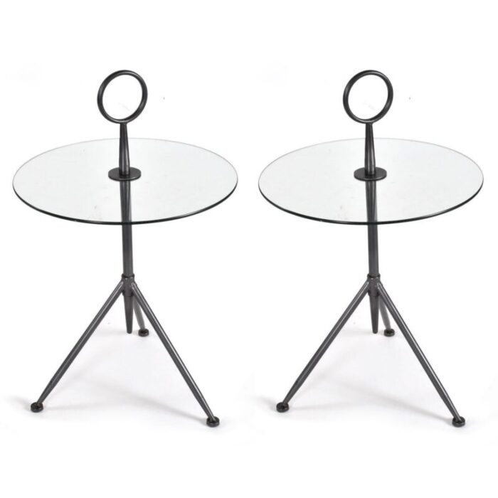 pair of italian modern round glass gueridon side tables with tripod steel bases 7925