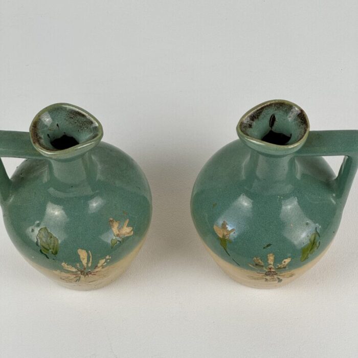 pair of small antique art deco jugs with painted flower remnant in gorgeous light teal and mustard 0568