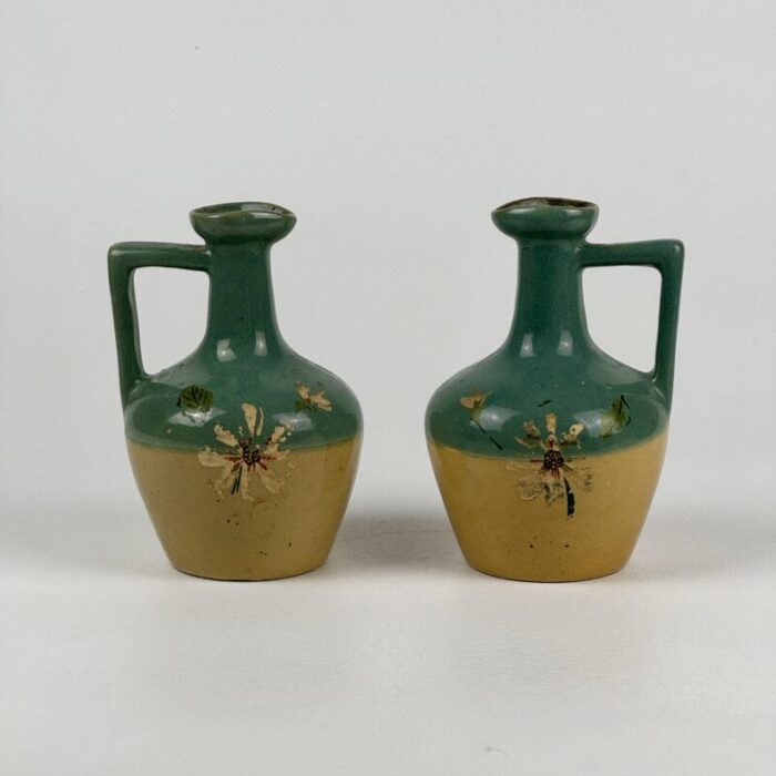 pair of small antique art deco jugs with painted flower remnant in gorgeous light teal and mustard 3170