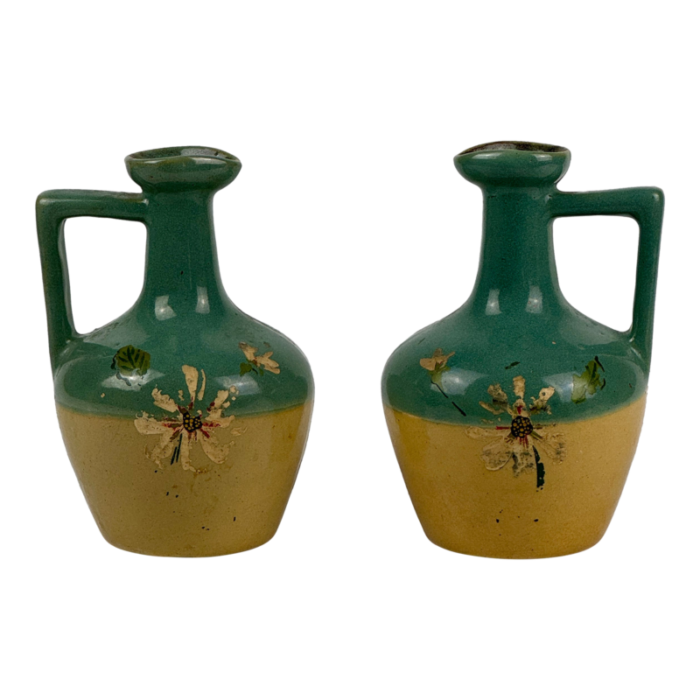 pair of small antique art deco jugs with painted flower remnant in gorgeous light teal and mustard 6757