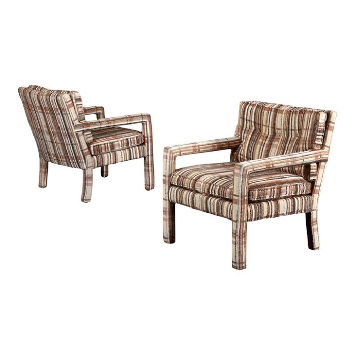 pair of vintage 1970s white and beige plaid milo baughman style parsons chairs 6762