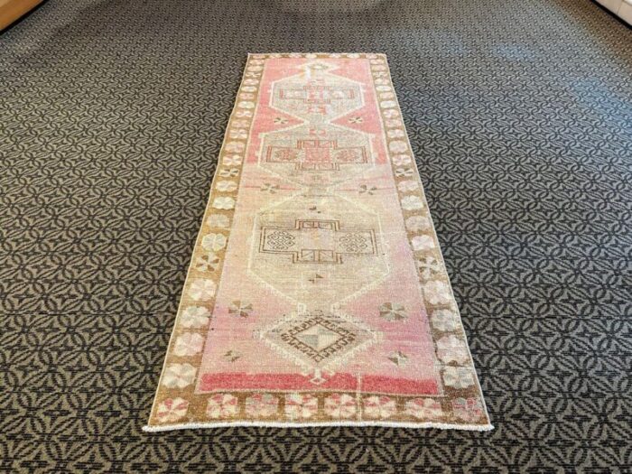 pink distressed corridor runner rug 1980s 6