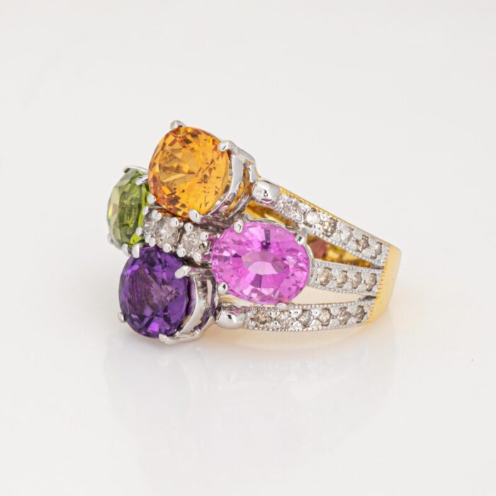 rainbow gemstone diamond ring estate 14k yellow gold multi cocktail ring sz 55 8952