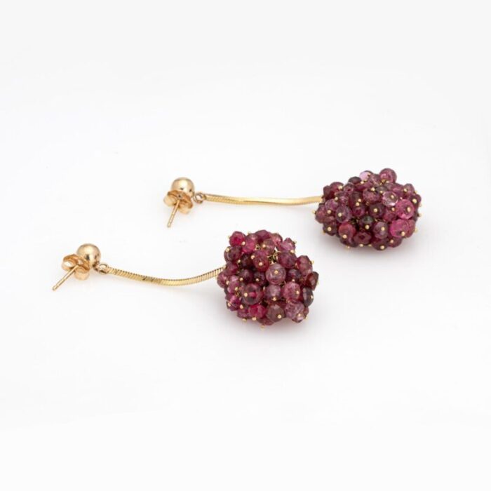 raspberry drop earrings pink tourmaline cluster vintage 14k yellow gold 2 drops 0262