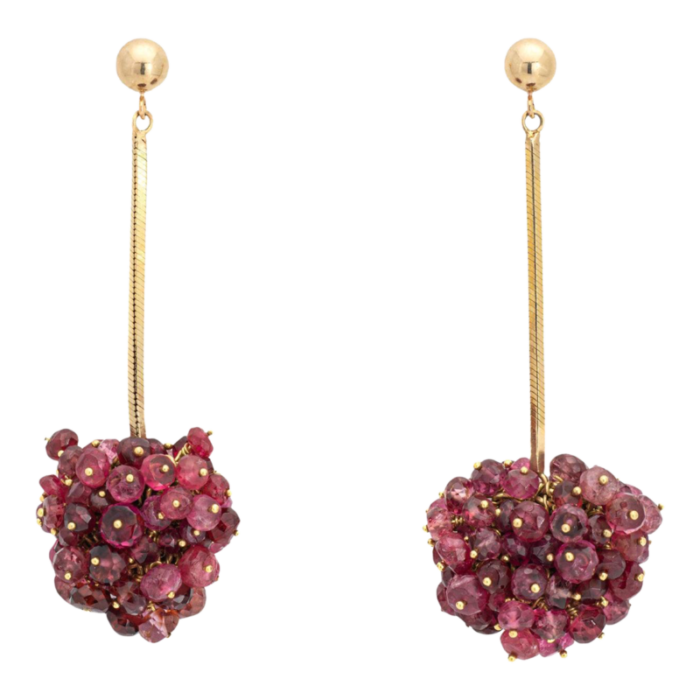 raspberry drop earrings pink tourmaline cluster vintage 14k yellow gold 2 drops 5669