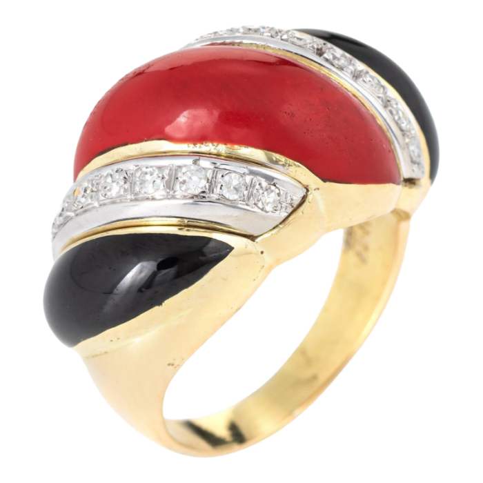 red coral onyx diamond ring vintage 14k yellow gold scrolled band jewelry sz 55 1614