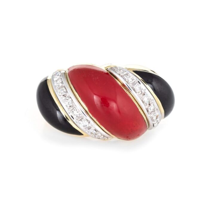 red coral onyx diamond ring vintage 14k yellow gold scrolled band jewelry sz 55 3293