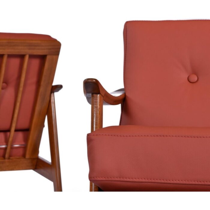 restored terra cotta brick red leather wood frame mid century modern chairs 1771